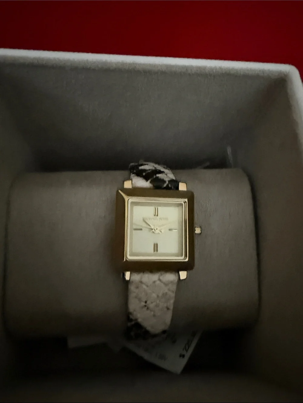 Michael Kors Gold-Tone Square Face Watch with Black & White Snake-Print Strap